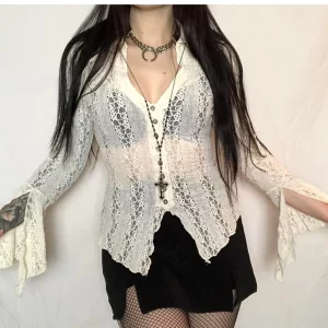 Y2K Fairy Grunge Long Sleeve Blouse - Vintage Irregular Hem Crop Top