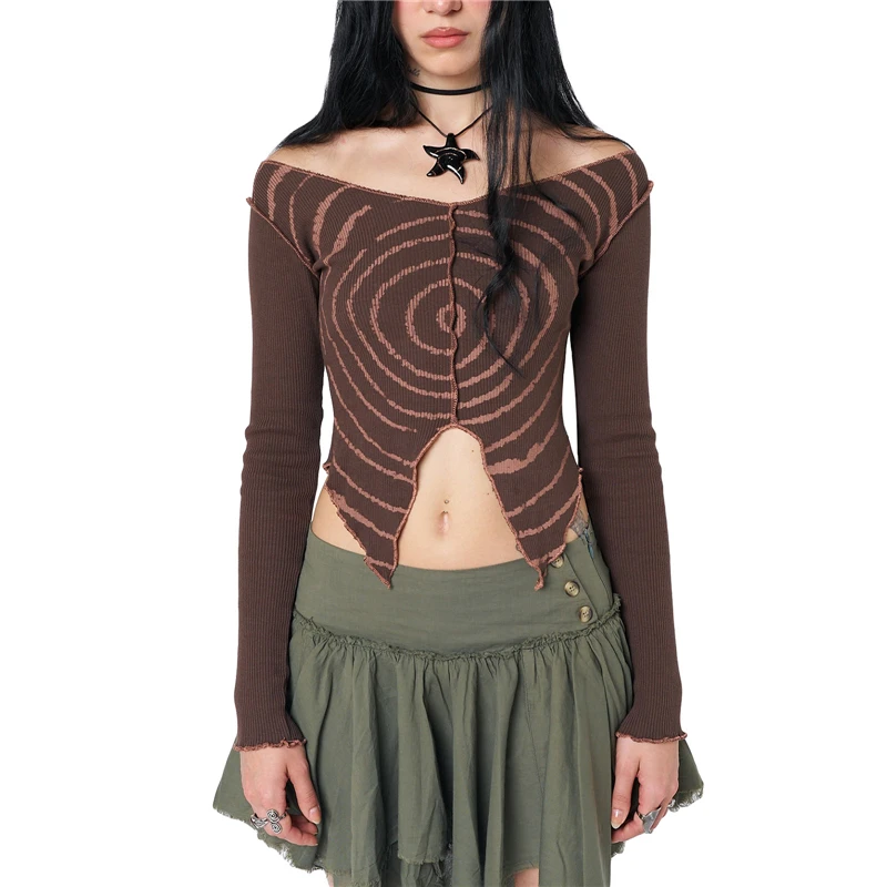 Y2K Fairy Grunge Top - Off Shoulder Long Sleeve Asymmetrical Hem T-Shirt