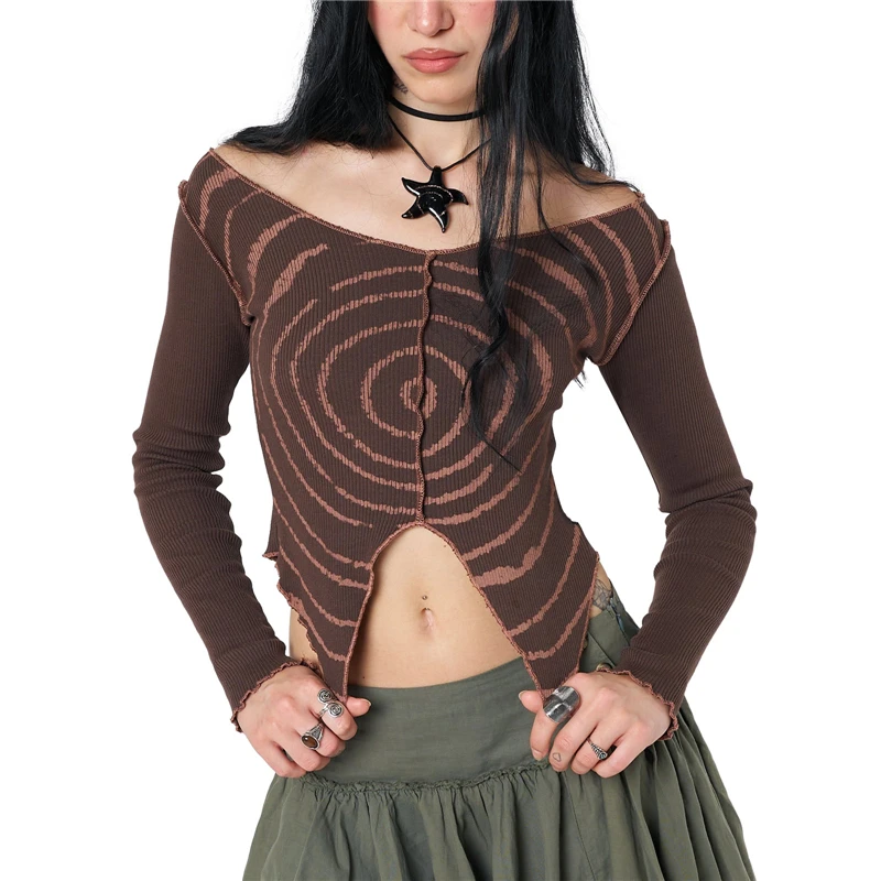 Y2K Fairy Grunge Top - Off Shoulder Long Sleeve Asymmetrical Hem T-Shirt