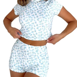 Y2K Fairycore Floral Print Clothing Set: Crop Top & High Waist Shorts