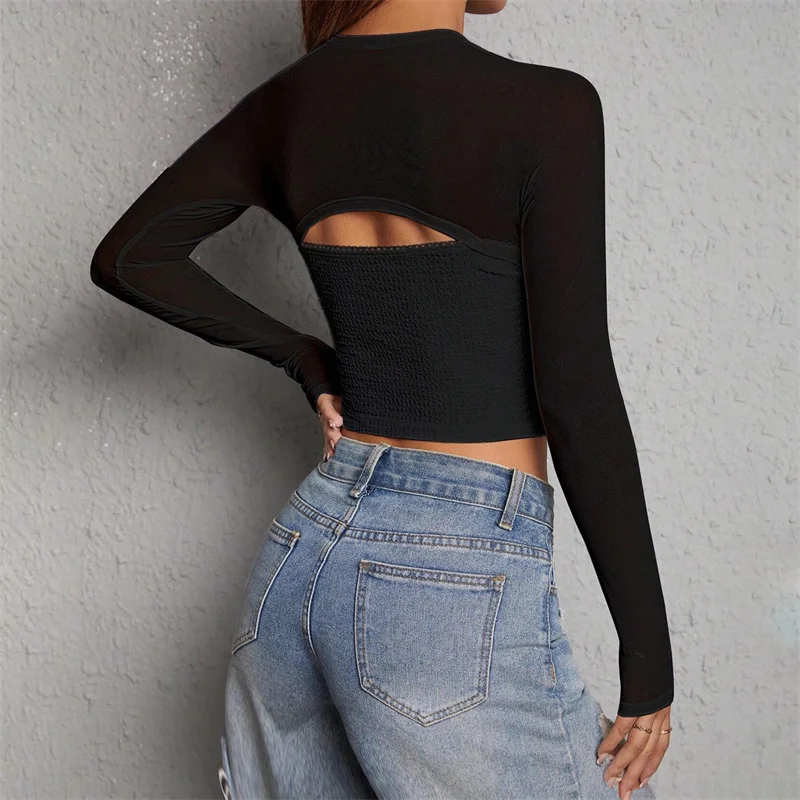 Y2K Fairycore Lace Trim Crop Top - Hollow Out Square Collar Long Sleeve T-Shirt