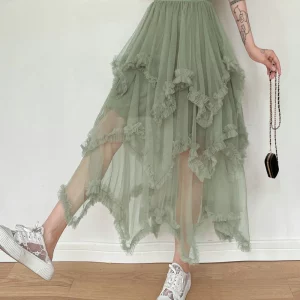 Y2K Fairycore Layered Tulle Midi Skirt - Ruffle Flare Mesh Tutu