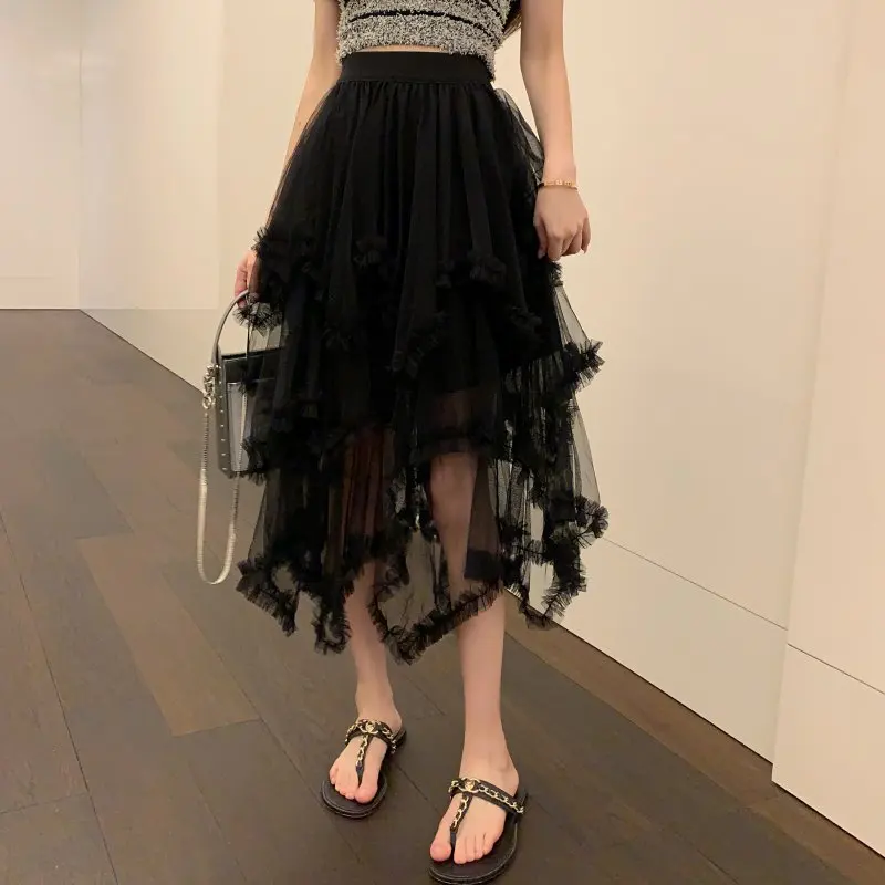 Y2K Fairycore Layered Tulle Midi Skirt - Ruffle Flare Mesh Tutu