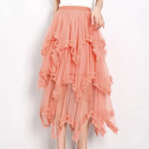 Y2K Fairycore Layered Tulle Midi Skirt - Ruffle Flare Mesh Tutu