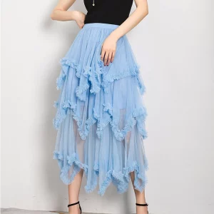 Y2K Fairycore Layered Tulle Midi Skirt - Ruffle Flare Mesh Tutu