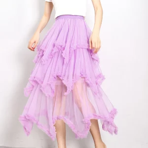 Y2K Fairycore Layered Tulle Midi Skirt - Ruffle Flare Mesh Tutu