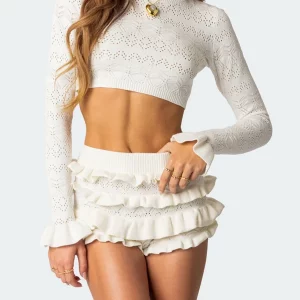 Y2K Fairycore Matching Set: Long Sleeve Cropped Sweater & Tiered Ruffles Shorts