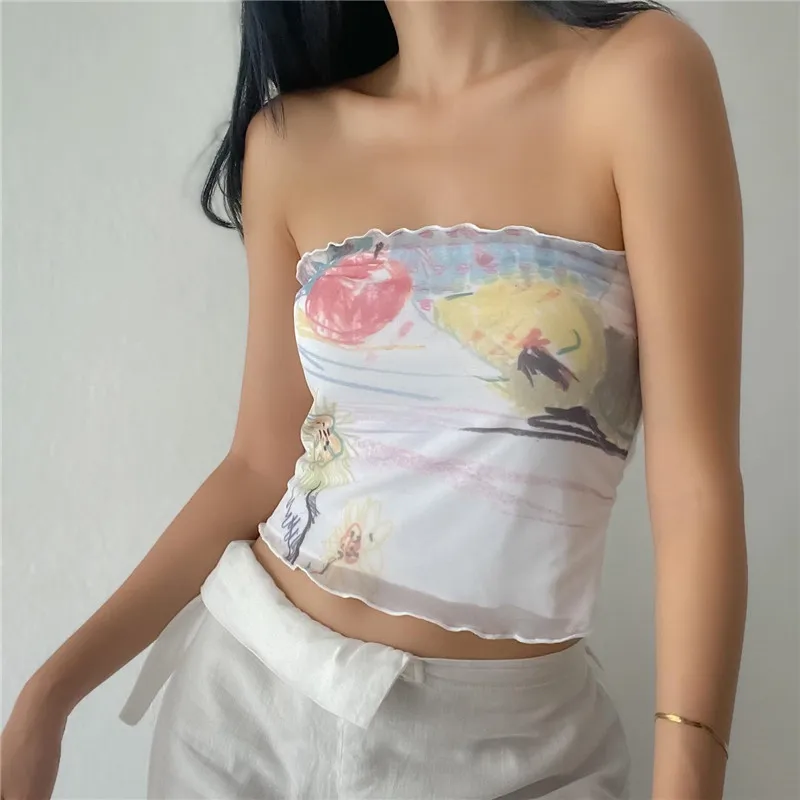 Y2K Fairycore Off-Shoulder Crop Top - Graphic Ruffled Strapless Tee