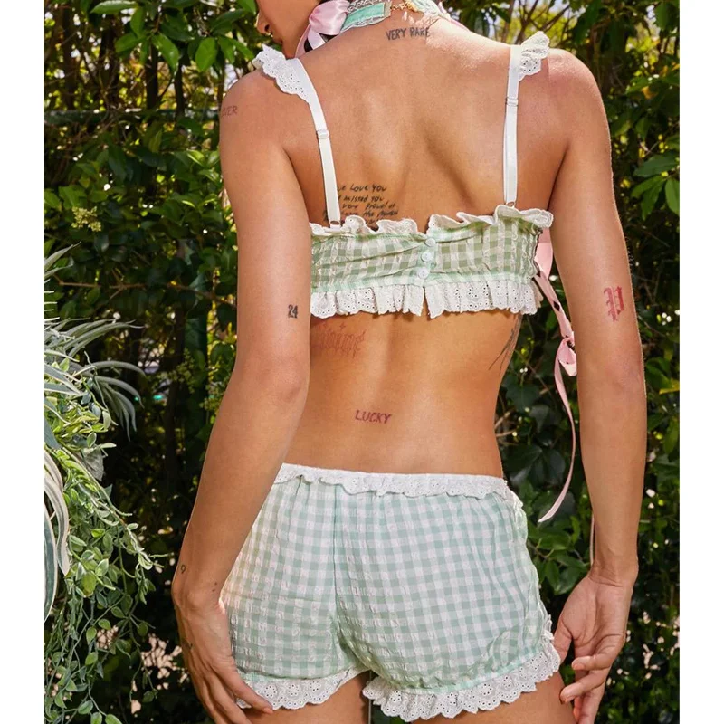 Y2K Fairycore Plaid Lace Trim 2-Piece Set: Sleeveless Top & Low Waist Shorts