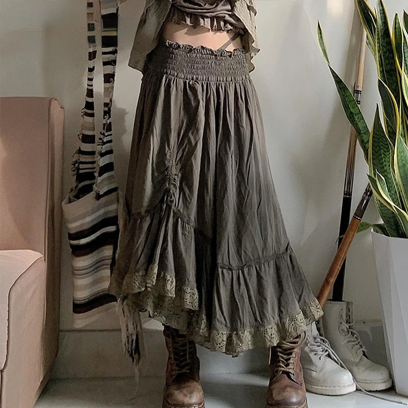 Y2K Fairycore Pleated Skirt with Ruffles and Lace Trim - Cute Midi Skirt for Women - Holiday Pre