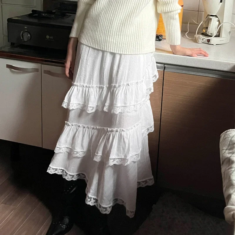 Y2K Fairycore Ruffles Lace Long Skirt - Holiday Style A-Line Elegant Streetwear Outfits