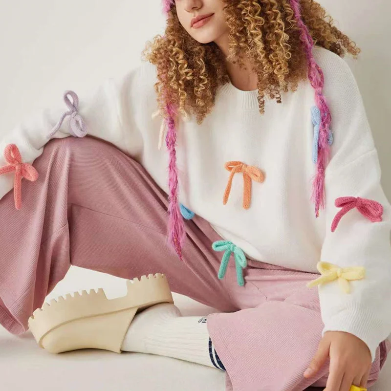 Y2K Fairycore Sweater: Knitted Round Neck Pullover with Bow