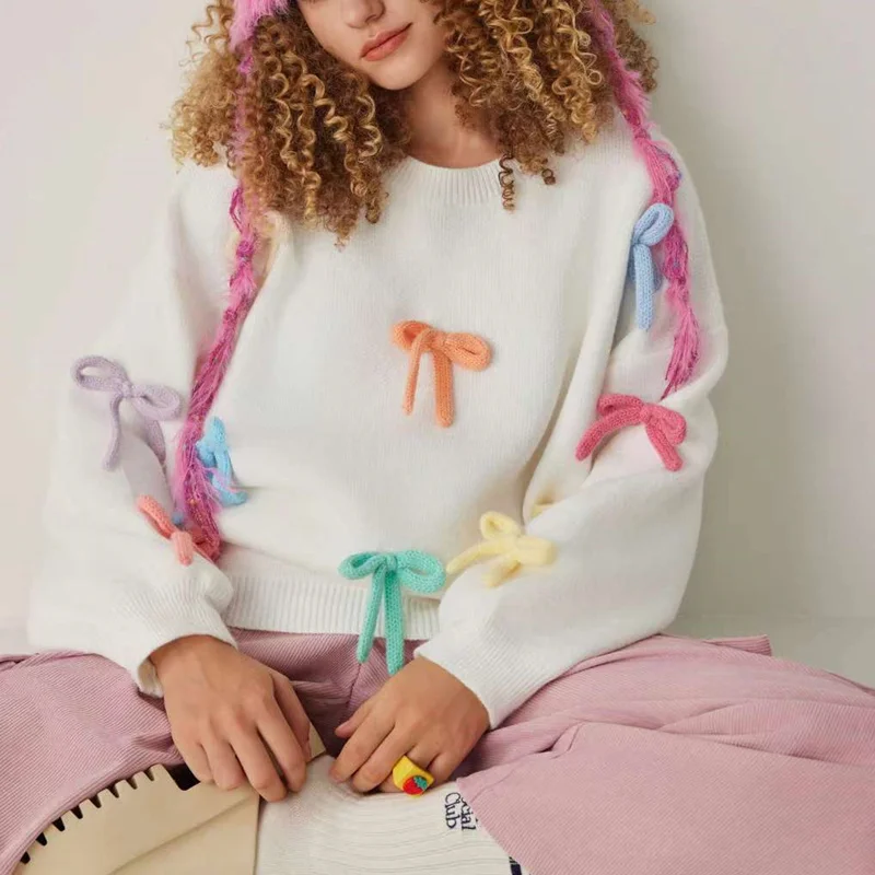 Y2K Fairycore Sweater: Knitted Round Neck Pullover with Bow