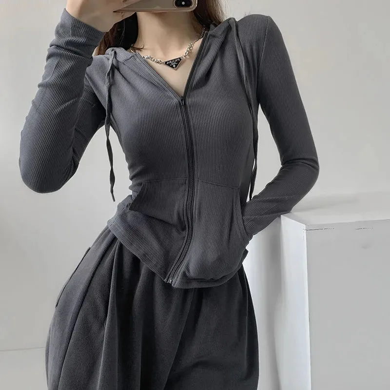 Y2K Fall Fashion Crop Hooded Cardigan - Korean Slim Zipper Coats