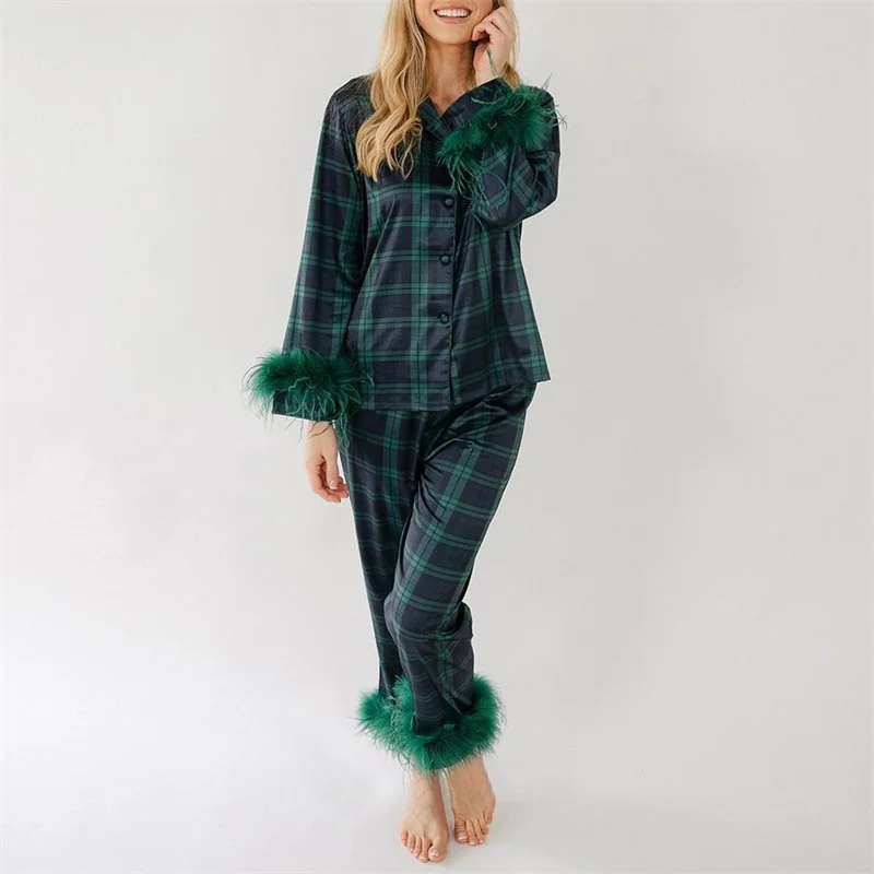 Y2K Fashion 2-Piece Pajama Set: Long Sleeve Button-Up Shirt & Plaid Pants