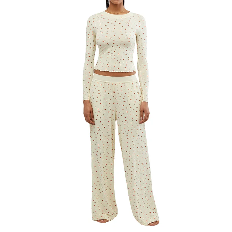 Y2K Fashion 2-Piece Pajama Set: Solid Print Crop Top & Pants