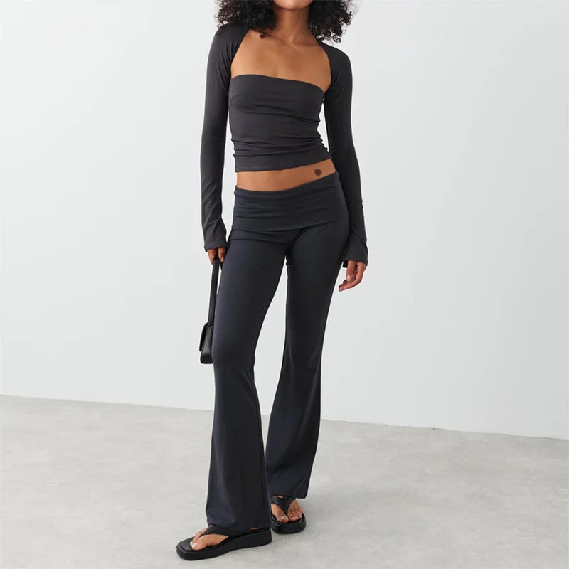 Y2K Fashion 2-Piece Set: Square Collar Crop Top & Flared Pants