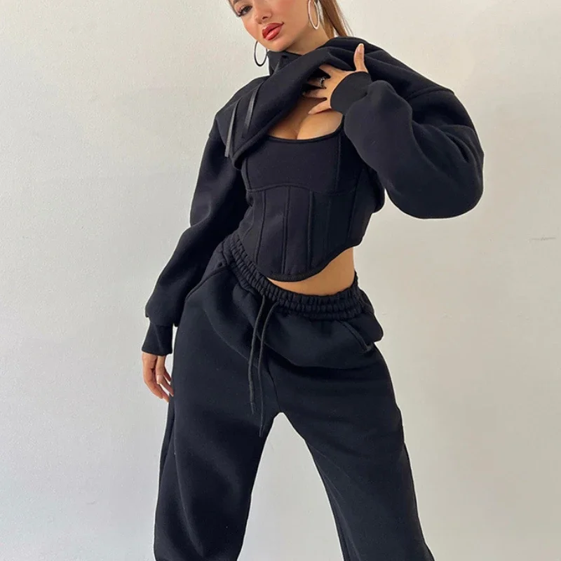 Y2K Fashion 3-Piece Hooded Jogger Set: Tank Top Crop Top Bandage Pants