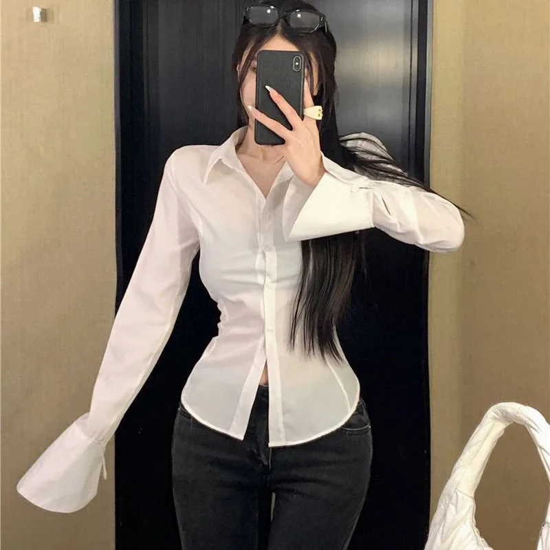 Y2K Fashion Bandage Shirt - Korean Streetwear Bell Sleeve Blouse