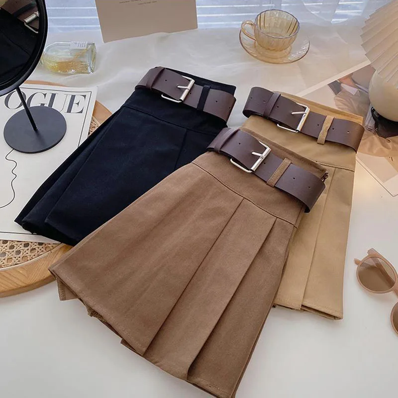 Y2K Fashion Belted Pleated Mini Skirt - High Waist Button-Up Women's Korean Style