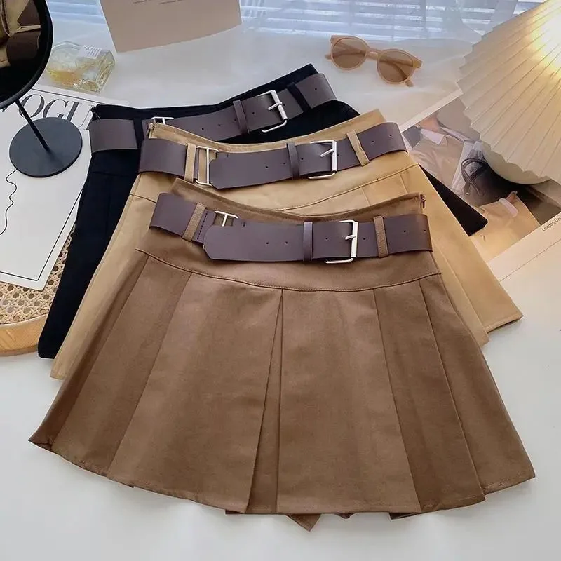 Y2K Fashion Belted Pleated Mini Skirt - High Waist Button-Up Women's Korean Style