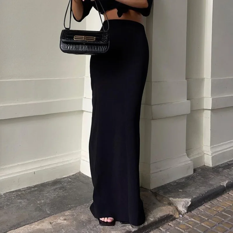 Y2K Fashion Black Maxi Skirt - High Waist Slim Seamless Gown