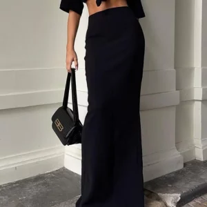 Y2K Fashion Black Maxi Skirt - High Waist Slim Seamless Gown