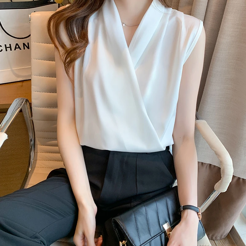 Y2K Fashion Chiffon Blouse: Summer Casual V-Neck Sleeveless Top