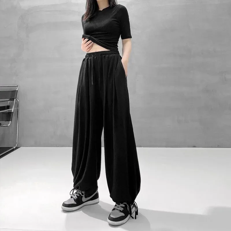 Y2K Fashion Cotton Oversize Sweatpants - High Waist Black Loose Wide Leg Trousers