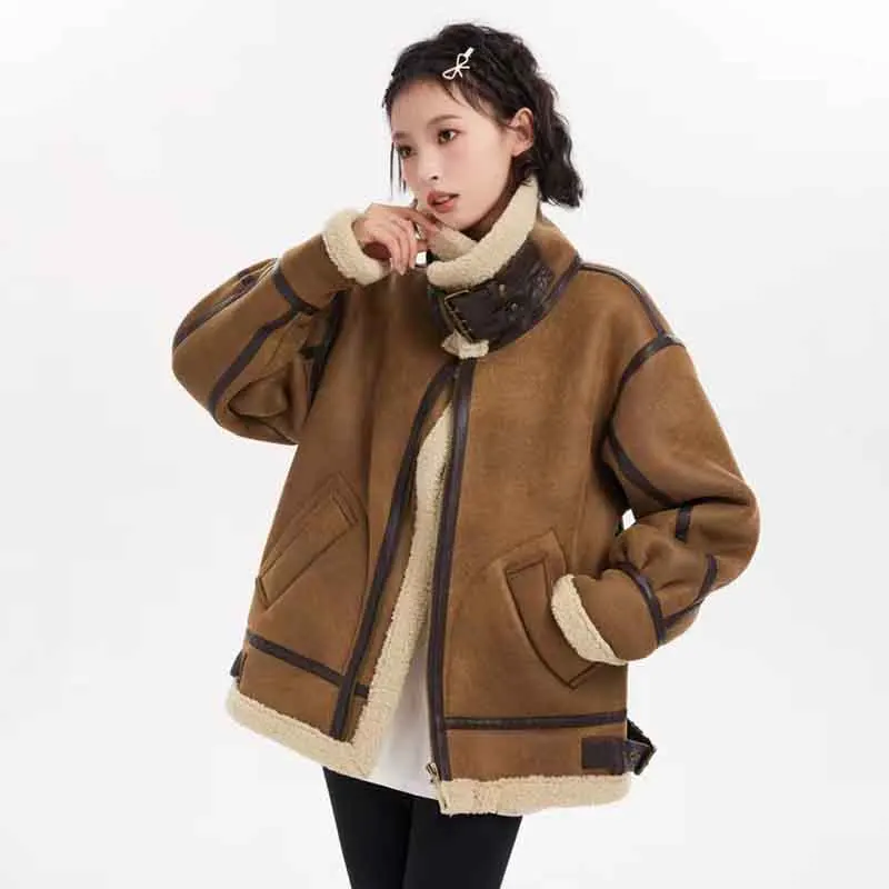 Y2K Fashion Faux Suede Lamb Fur Coat - Streetwear Stripe Splicing Warm Jacket