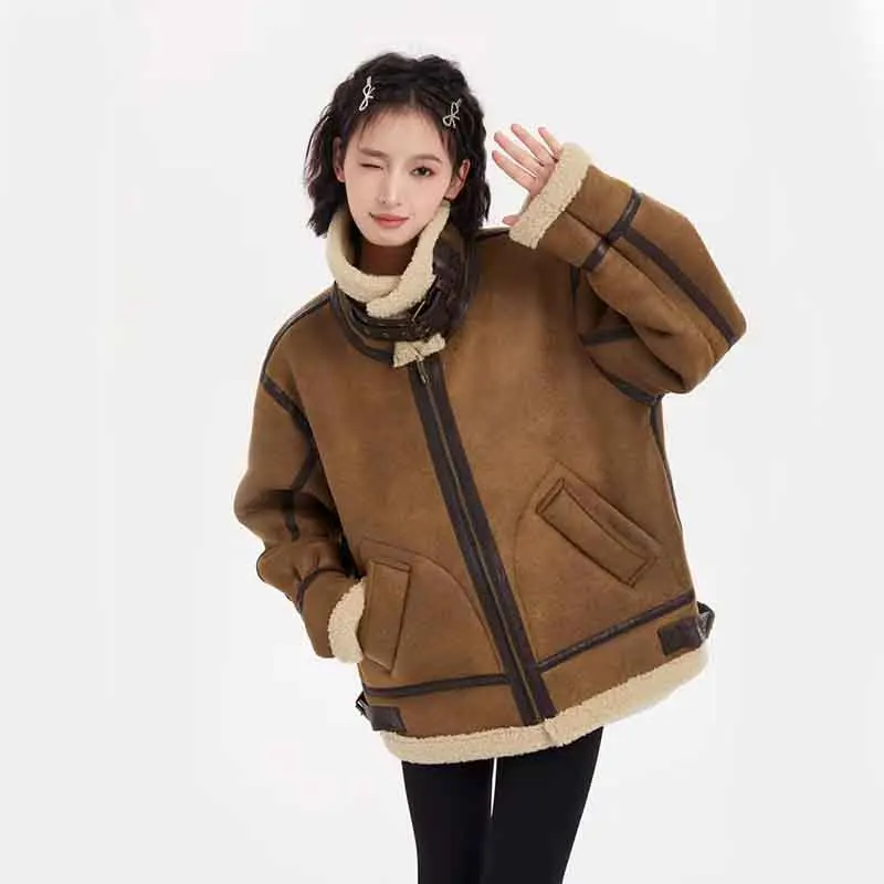 Y2K Fashion Faux Suede Lamb Fur Coat - Streetwear Stripe Splicing Warm Jacket