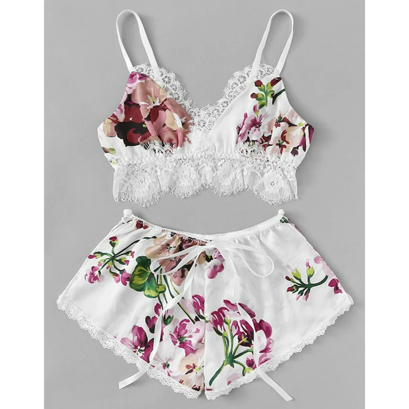 Y2K Fashion Floral Lace Bra Hot Pants Set - Women's Sexy Lingerie Nightwear