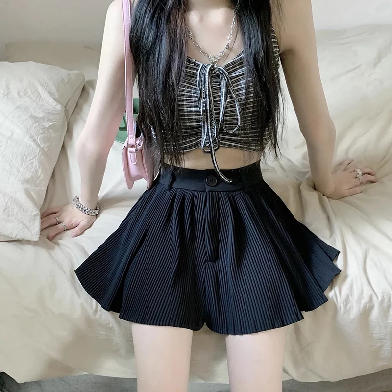 Y2K Fashion High Waist Lace-Up Pleated Shorts - Harajuku Style