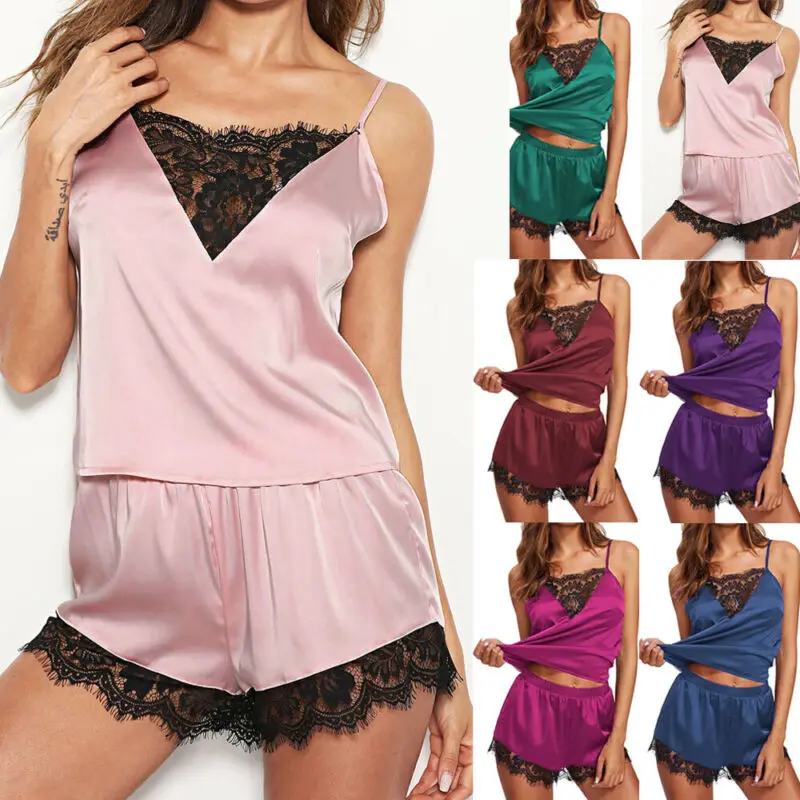 Y2K Fashion Lace Pyjama Set - Satin Silk Top & Shorts