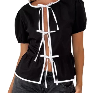 Y2K Fashion Lace Up Shirt - Casual Loose Solid Soft Top with Puff Sleeves