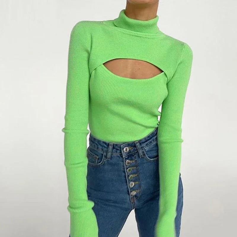 Y2K Fashion Long Sleeve Cropped T-Shirt - Sexy O Neck Hollow Out Top