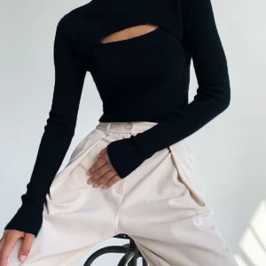 Y2K Fashion Long Sleeve Cropped T-Shirt - Sexy O Neck Hollow Out Top