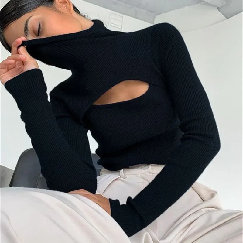 Y2K Fashion Long Sleeve Cropped T-Shirt - Sexy O Neck Hollow Out Top