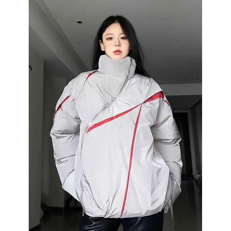 Y2K Fashion Patchwork Women Short Parka - Streetwear Zipper Coat