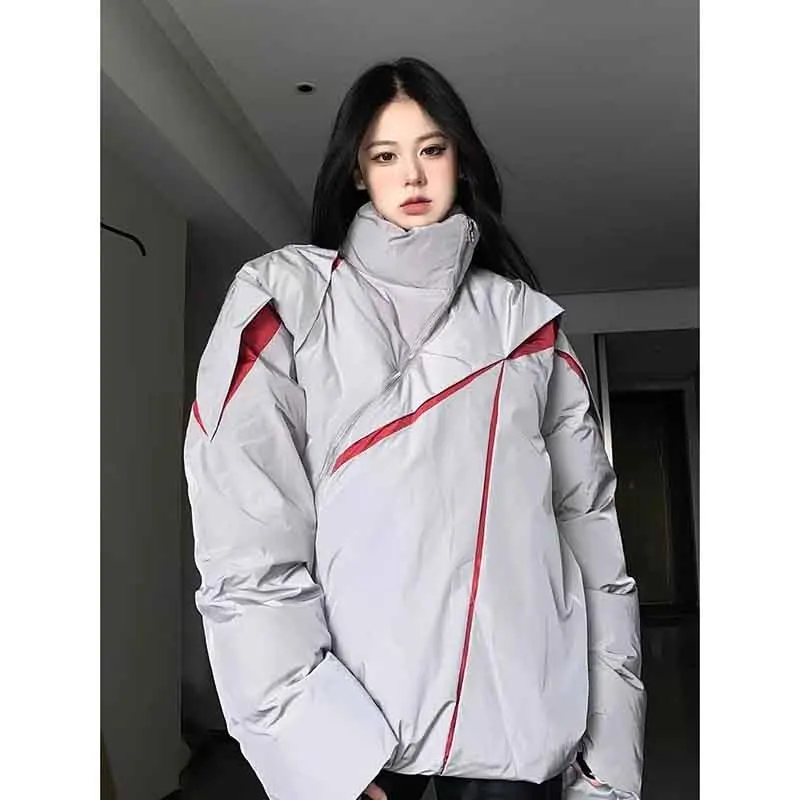 Y2K Fashion Patchwork Women Short Parka - Streetwear Zipper Coat