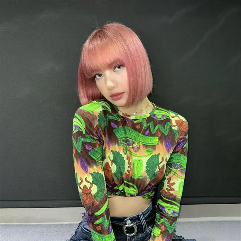 Y2K Fashion Pattern Printed Crop Top - Retro Style Mesh Tee Shirt