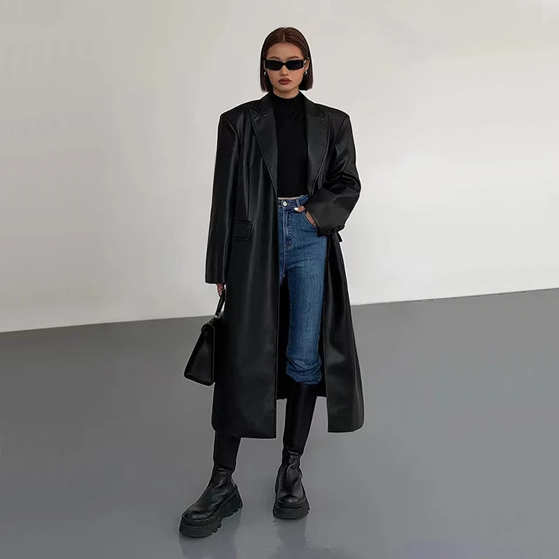 Y2K Fashion Pu Leather Long Coat - Autumn Streetwear Windbreaker