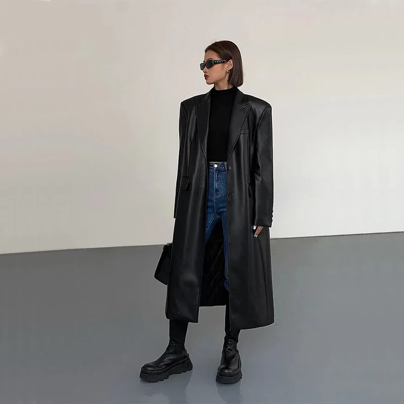 Y2K Fashion Pu Leather Long Coat - Autumn Streetwear Windbreaker