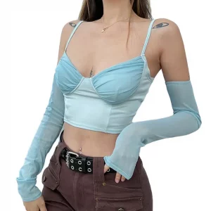 Y2K Fashion Sexy Crop Top: Long Sleeve Turtleneck Cross Warp Slim Fit Shirt