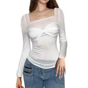 Y2K Fashion Sexy Crop Top: Long Sleeve Turtleneck Cross Warp Slim Fit Shirt