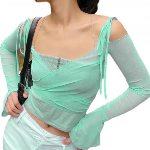 Y2K Fashion Sexy Crop Top: Long Sleeve Turtleneck Cross Warp Slim Fit Shirt