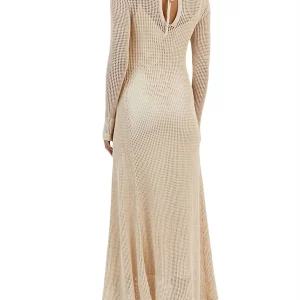 Y2K Fashion Sexy See-Through Halter Knitted Long Sleeve Dress - Solid Color Vacation Crochet Hollow