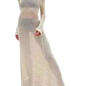 Y2K Fashion Sexy See-Through Halter Knitted Long Sleeve Dress - Solid Color Vacation Crochet Hollow