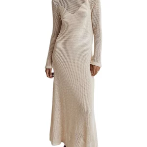 Y2K Fashion Sexy See-Through Halter Knitted Long Sleeve Dress - Solid Color Vacation Crochet Hollow