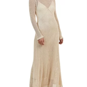 Y2K Fashion Sexy See-Through Halter Knitted Long Sleeve Dress - Solid Color Vacation Crochet Hollow